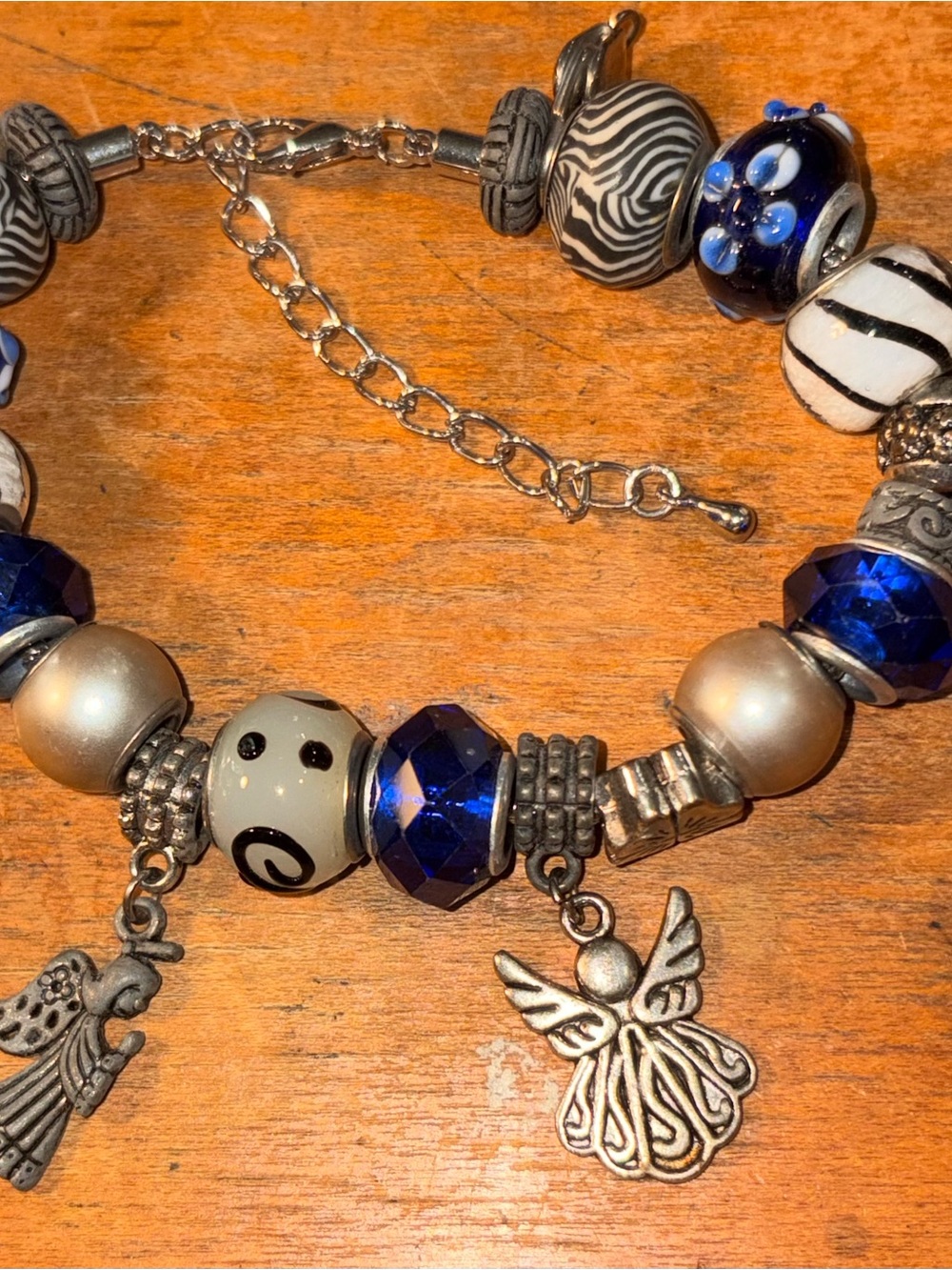 10” Blue & Silver Charm Bracelet with Angel Charms and Floral-Style Beads